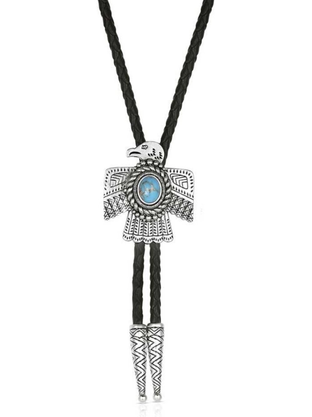 Southwestern Style Braided Leather Bolo Tie with Silver Arrow Tips - Western